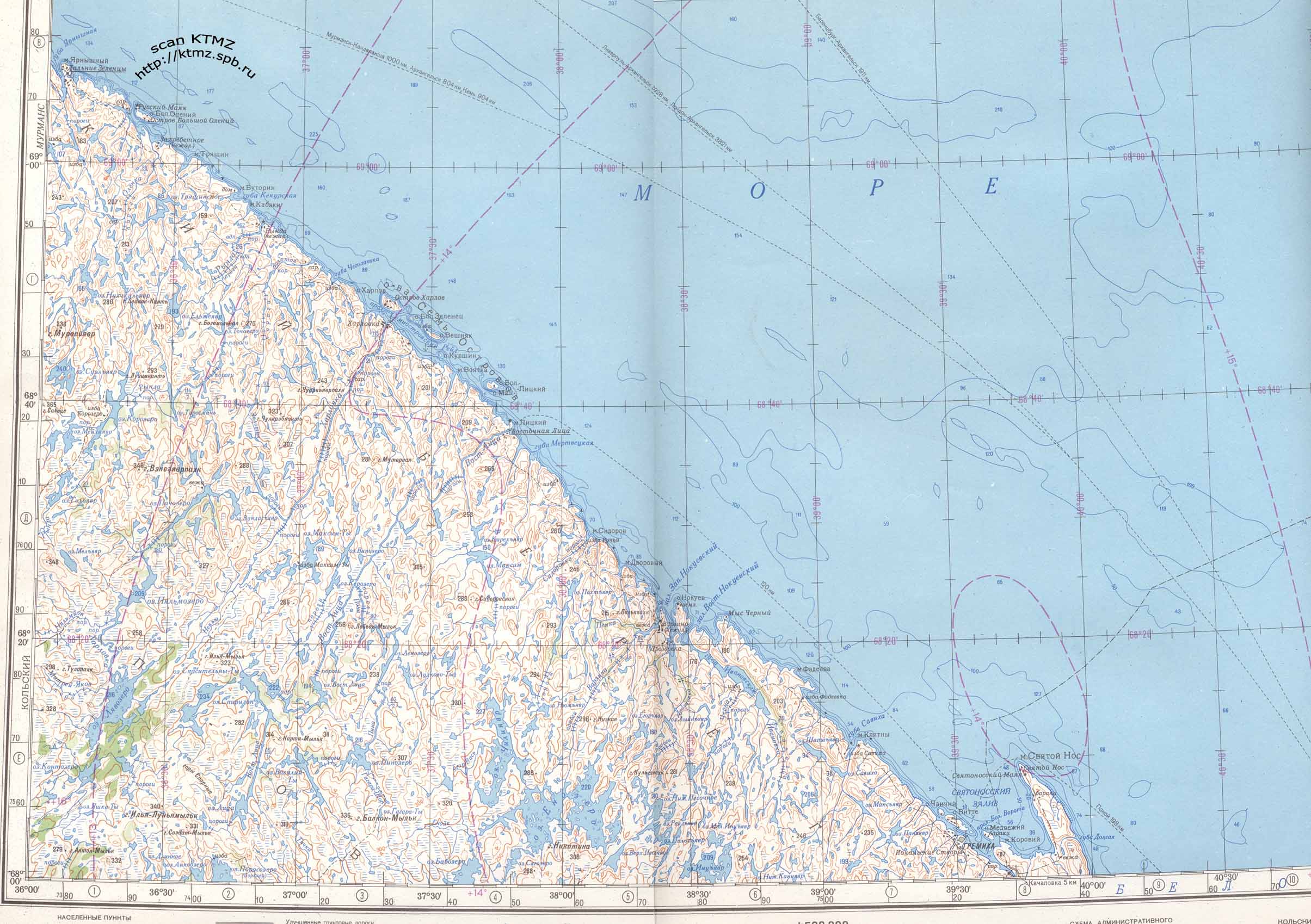 Северо-восток Кольского полуострова: Гремиха, Харловка. Обзорная карта.