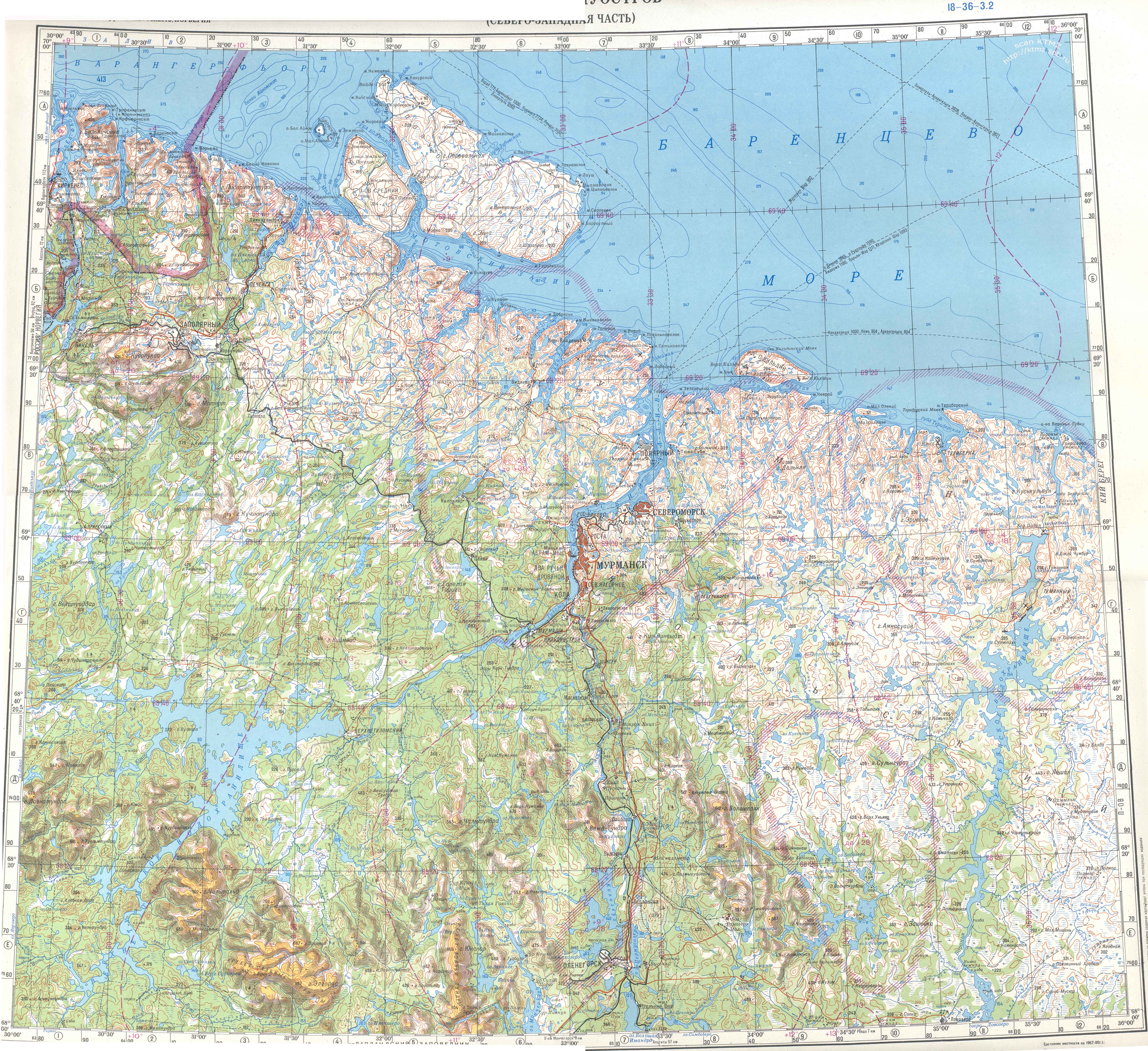 Северо-запад Кольского полуострова: Никель, Печенга, Североморск, Мурманск, Оленегорск. Обзорная карта