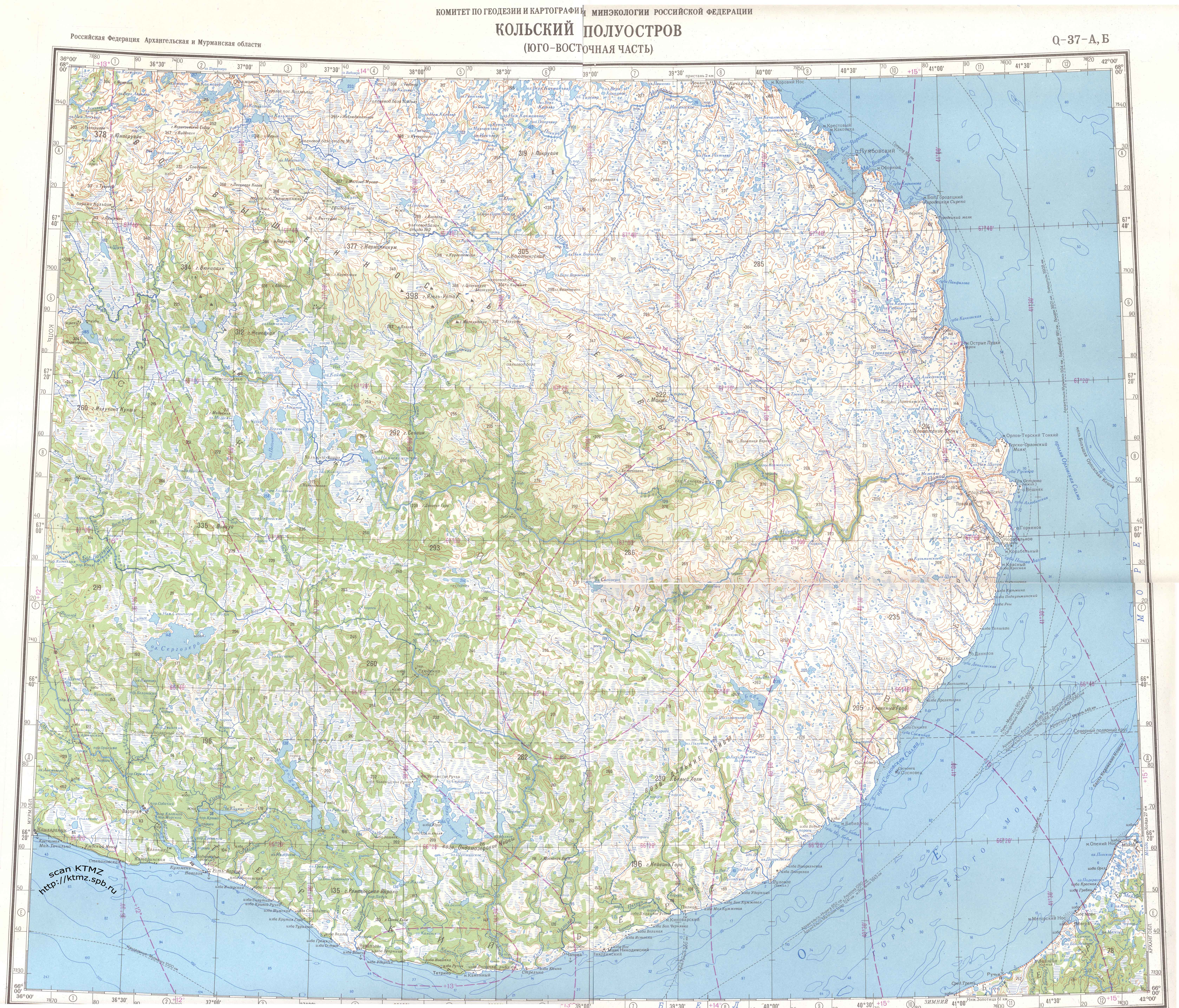 Юго-восток Кольского полуострова: Поной, Варзуга, Краснощелье. Обзорная карта.
